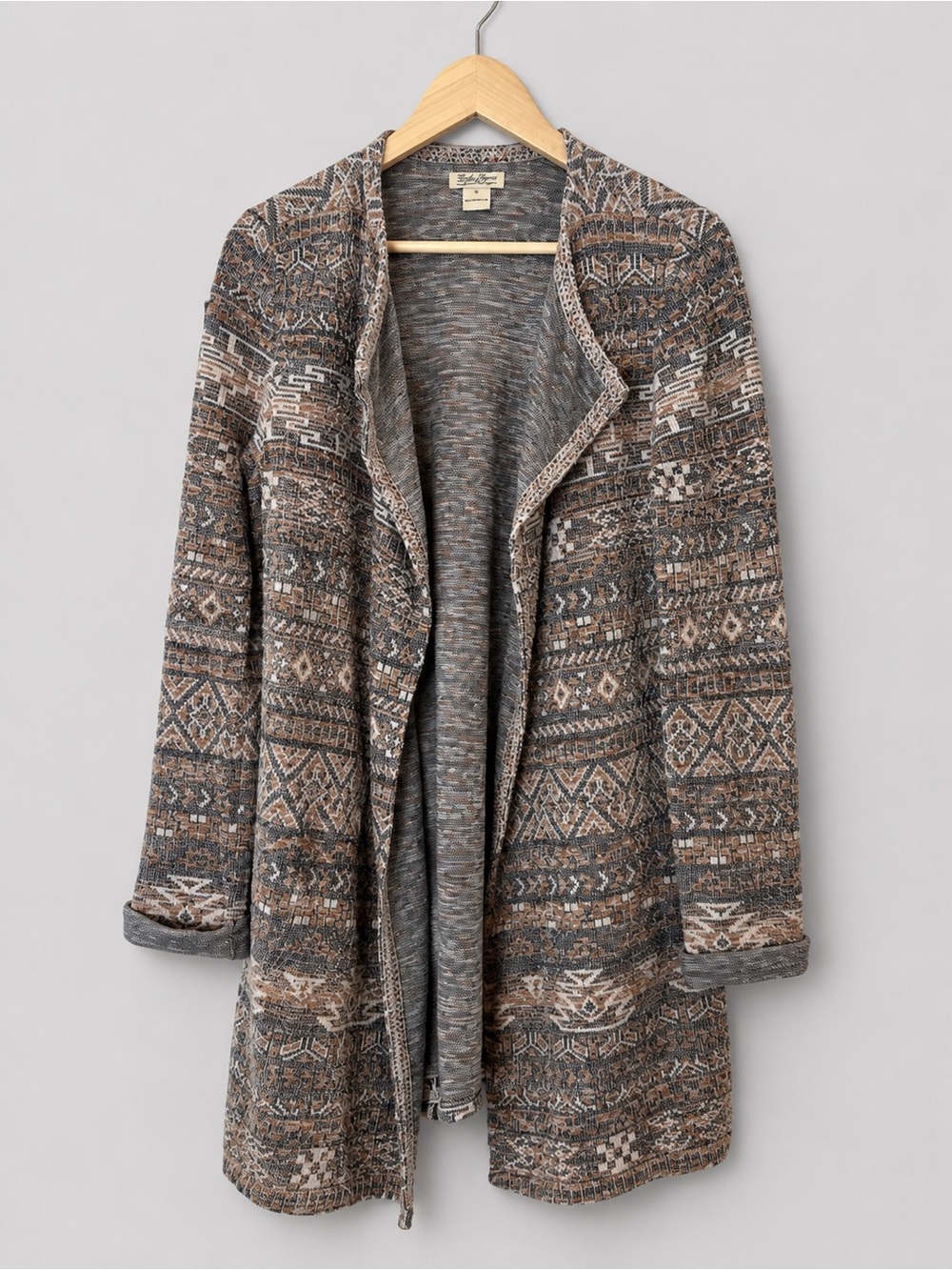 Lucky Brand Southwestern Open Front Cardigan Boho Aztec Longline Sweater